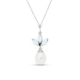 Opal & Pearl Aura Petal Drop Pendant Necklace in 9ct White Gold