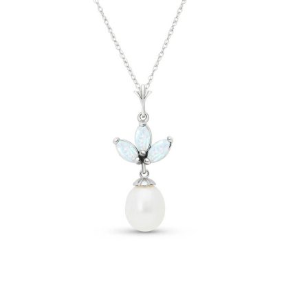 Opal & Pearl Aura Petal Drop Pendant Necklace in 9ct White Gold