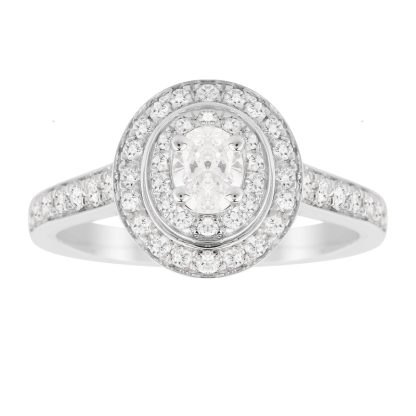 Oval Cut 0.70 Carat Total Weight Double Halo Diamond Ring In 18 Carat White Gold - Ring Size M