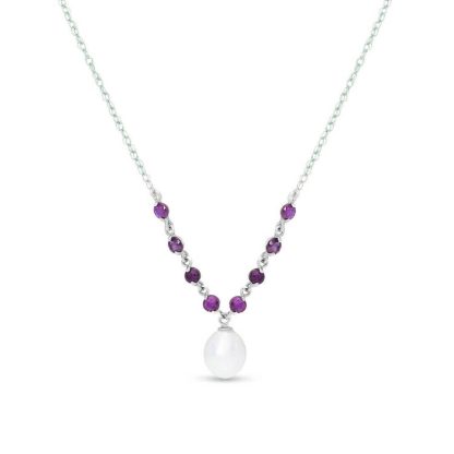 Pearl & Amethyst Alice Feminine Embellished Pendant Necklace in 9ct White Gold