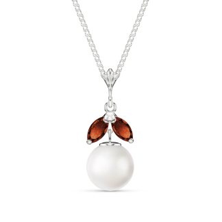 Pearl & Garnet Claudia Petal Drop Pendant Necklace in 9ct White Gold