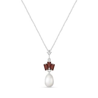 Pearl & Garnet Imogen Ternary Detailed Pendant Necklace in 9ct White Gold