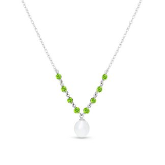 Pearl & Peridot Alice Feminine Embellished Pendant Necklace in 9ct White Gold