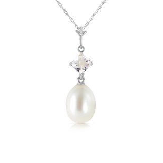 Pearl & White Topaz Ada Drop Pendant Necklace in 9ct White Gold