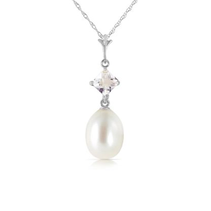 Pearl & White Topaz Ada Drop Pendant Necklace in 9ct White Gold