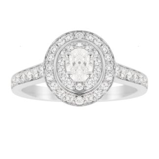 Oval Cut 0.70 Carat Total Weight Double Halo Diamond Ring In 18 Carat White Gold - Ring Size M