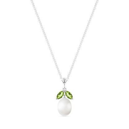 Pearl & Peridot Claudia Petal Drop Pendant Necklace in 9ct White Gold