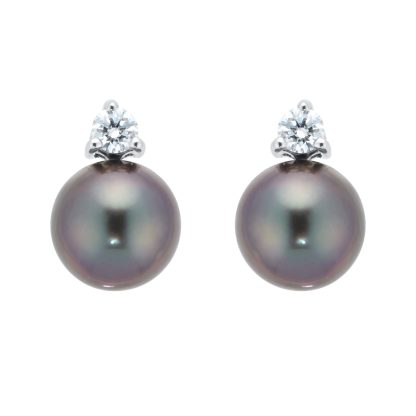 18ct White Gold 0.20cttw Diamond & Tahitian Pearl Stud Earrings