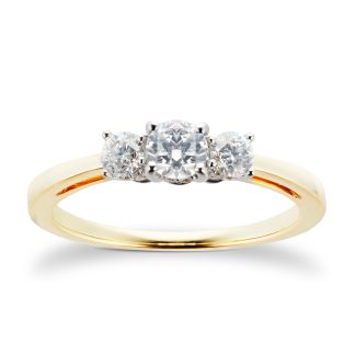 18ct Yellow Gold 0.51 Carat Three Stone Goldsmiths Brightest Diamond Ring - Ring Size O