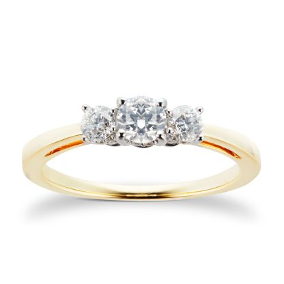 18ct Yellow Gold 0.51 Carat Three Stone Goldsmiths Brightest Diamond Ring - Ring Size O