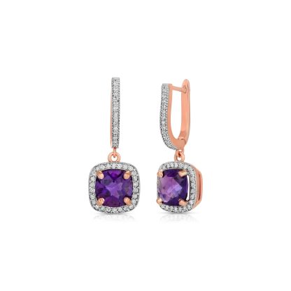 Amethyst & Diamond Alaina Embellished Halo Drop Earrings in 9ct Rose Gold
