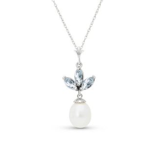 Aquamarine & Pearl Aura Petal Drop Pendant Necklace in 9ct White Gold