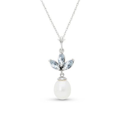 Aquamarine & Pearl Aura Petal Drop Pendant Necklace in 9ct White Gold
