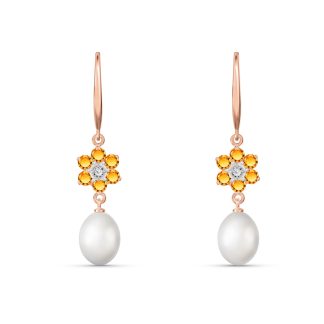Citrine, Pearl & Diamond Clara Daisy Drop Earrings in 9ct Rose Gold