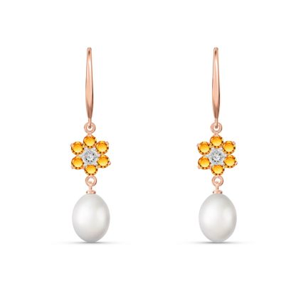 Citrine, Pearl & Diamond Clara Daisy Drop Earrings in 9ct Rose Gold
