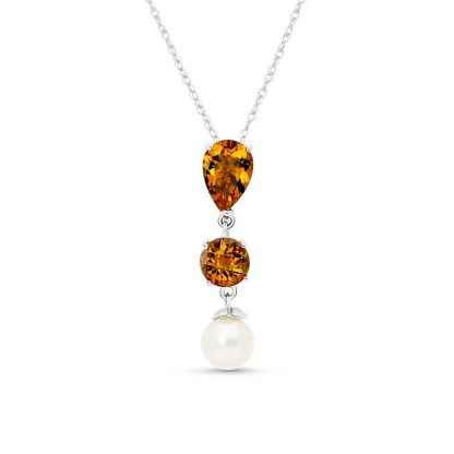 Citrine & Pearl Hermione Drop Pendant Necklace in 9ct White Gold