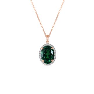 Emerald & Diamond Eve Prominent Halo Pendant Necklace in 9ct Rose Gold