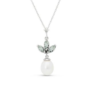 Green Amethyst & Pearl Aura Petal Drop Pendant Necklace in 9ct White Gold