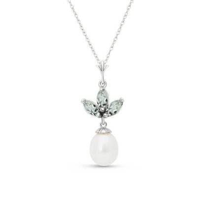 Green Amethyst & Pearl Aura Petal Drop Pendant Necklace in 9ct White Gold