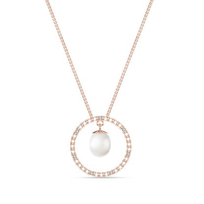 Pearl & Diamond Circle of Life Pendant Necklace in 9ct Rose Gold