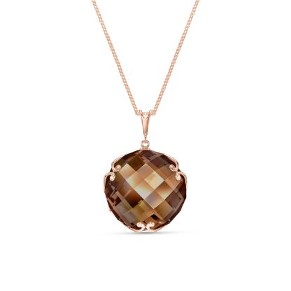 Smoky Quartz Beatrix Round Chequer Pendant Necklace in 9ct Rose Gold